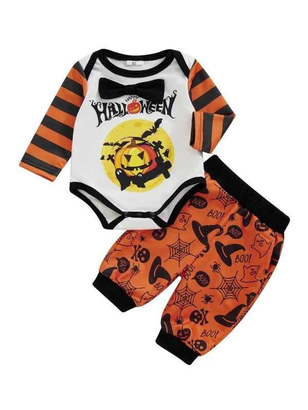 2-Piece Baby Boy Halloween Set Bow Tie Letter Pumpkin Ghost Long Sleeve Romper Long Pants Contrast Color Outfits