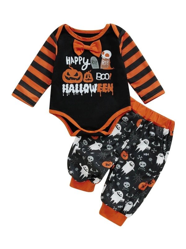 2-Piece Baby Boy Halloween Set Bow Tie Letter Pumpkin Ghost Long Sleeve Romper Long Pants Contrast Color Outfits