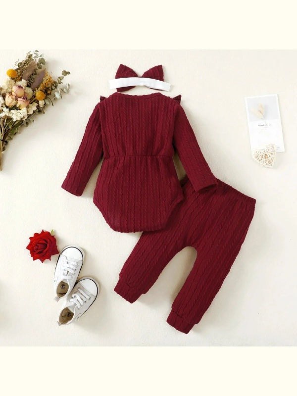 3Pcs Set Red Long-sleeved 3m-2y Newborn Girls Clothes Tops Pant Headband Bow