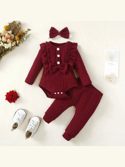 3Pcs Set Red Long-sleeved 3m-2y Newborn Girls Clothes Tops Pant Headband Bow