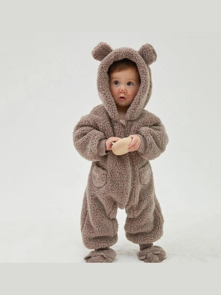 Babies 0-2Y Zipup Hooded Bear Fleece Outfit Romper