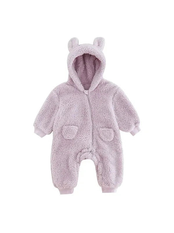 Babies 0-2Y Zipup Hooded Bear Fleece Outfit Romper