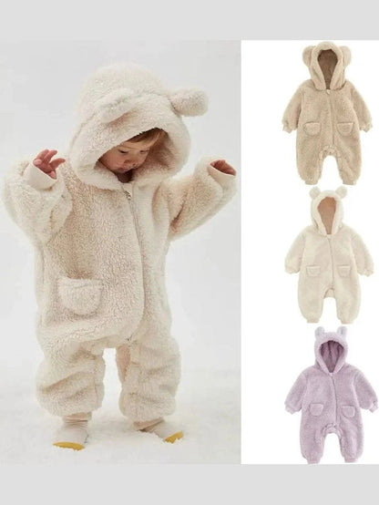 Babies 0-2Y Zipup Hooded Bear Fleece Outfit Romper