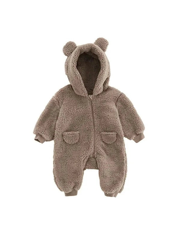 Babies 0-2Y Zipup Hooded Bear Fleece Outfit Romper