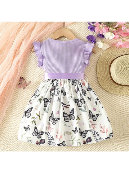 Blue Purple Pink Toddler Girls Ruffled Sleeve Butterfly Floral Dress