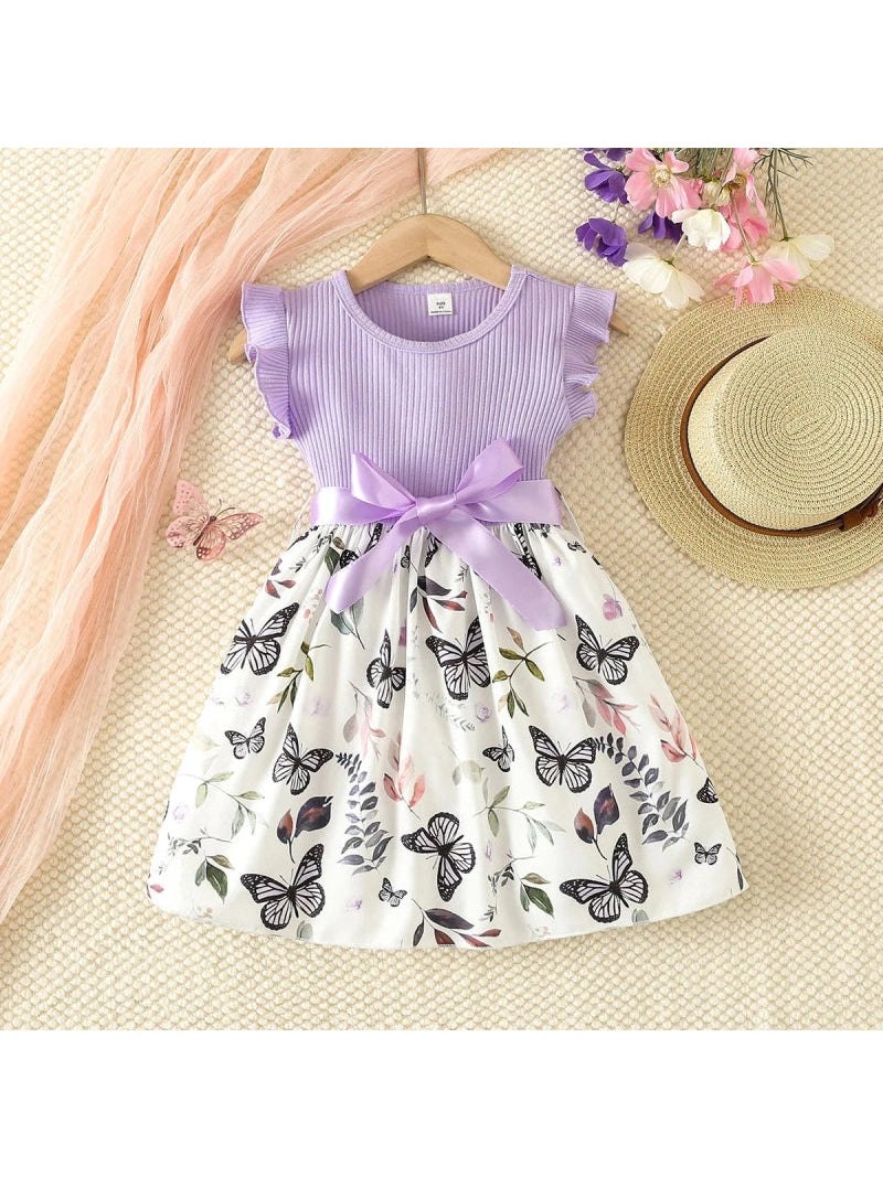 Blue Purple Pink Toddler Girls Ruffled Sleeve Butterfly Floral Dress