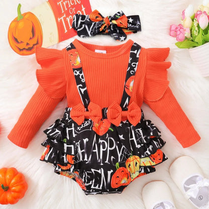 Halloween Pumpkin Romper for Newborn 3PCS Headband Long Sleeve Autumn Baby Girl