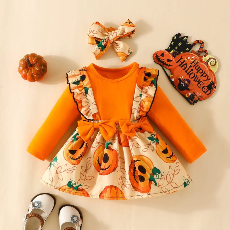 Halloween Pumpkin Romper for Newborn 3PCS Headband Long Sleeve Autumn Baby Girl