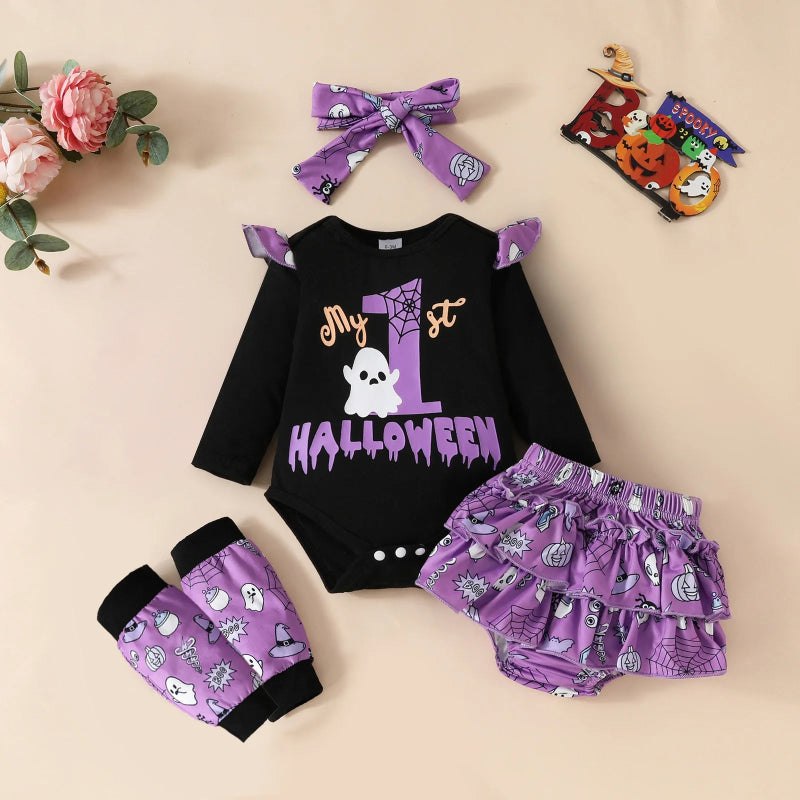 Halloween Pumpkin Romper for Newborn 3PCS Headband Long Sleeve Autumn Baby Girl