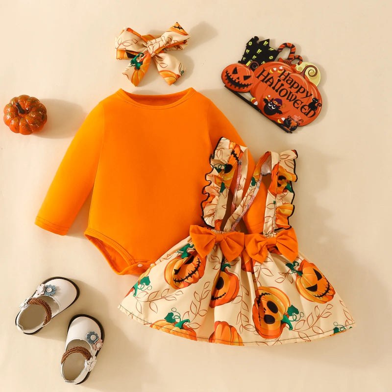 Halloween Pumpkin Romper for Newborn 3PCS Headband Long Sleeve Autumn Baby Girl