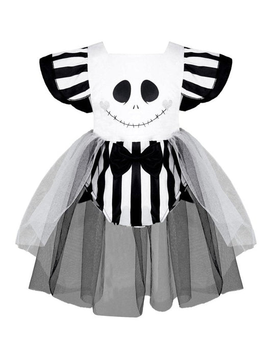 Infant Baby Girls Halloween Jack Skeleton Ruffle Sleeves Romper Dress Tulle