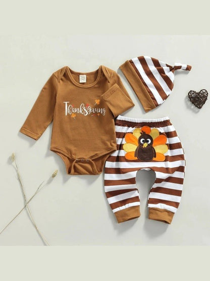 Lioraitiin 0-18M Infant Baby 3Pcs Thanksgiving Day Outfits Long Sleeve Letter Print Romper Turkey Pants Hat