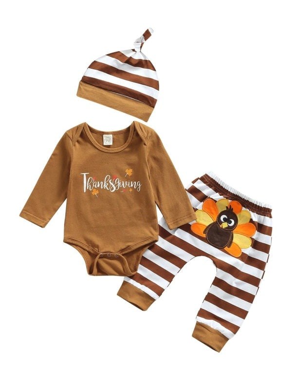 Lioraitiin 0-18M Infant Baby 3Pcs Thanksgiving Day Outfits Long Sleeve Letter Print Romper Turkey Pants Hat