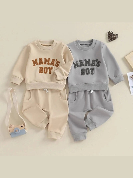 Lioraitiin Toddler Baby Boy Fall Winter Embroidered 'MamasBoy' SweatshirtPants Set Color Choice