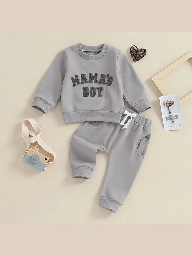 Lioraitiin Toddler Baby Boy Fall Winter Embroidered 'MamasBoy' SweatshirtPants Set Color Choice