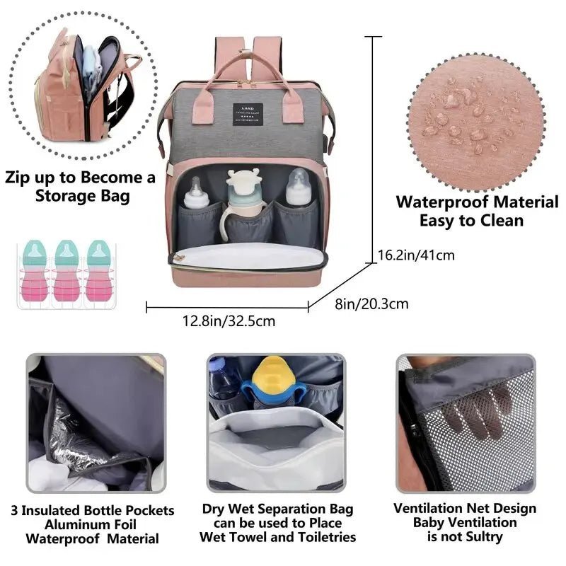 Mommy Diaper Bags Backpack Waterproof Large Capacity Foldable Changing Bed