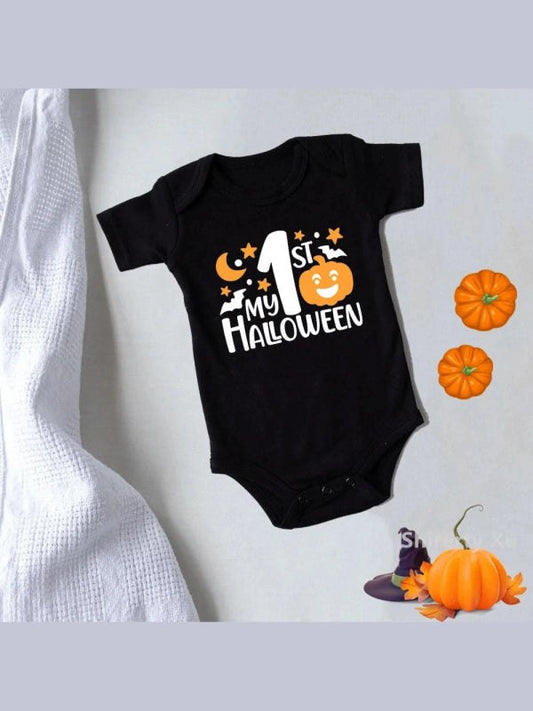 My First Halloween Pumpkin Baby Bodysuit Black Cotton