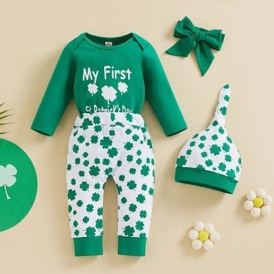 1St Patrick's Day Outfit Baby Long Sleeve Romper + Shamrock Pants Clothing Set