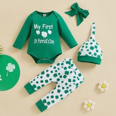 1St Patrick's Day Outfit Baby Long Sleeve Romper + Shamrock Pants Clothing Set