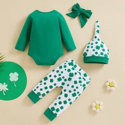 1St Patrick's Day Outfit Baby Long Sleeve Romper + Shamrock Pants Clothing Set