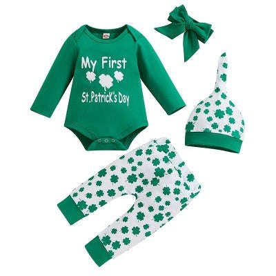 1St Patrick's Day Outfit Baby Long Sleeve Romper + Shamrock Pants Clothing Set