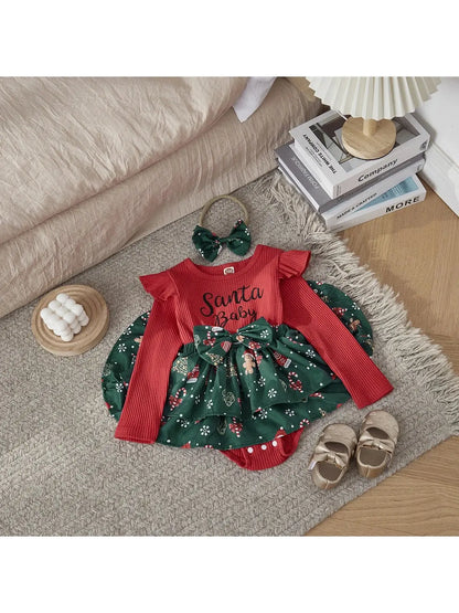 Christmas 0-2Y Baby Girls Long Sleeve Letter Santa Baby Bow