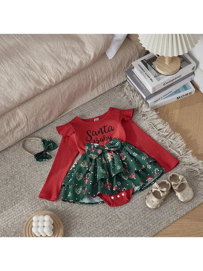 Christmas 0-2Y Baby Girls Long Sleeve Letter Santa Baby Bow