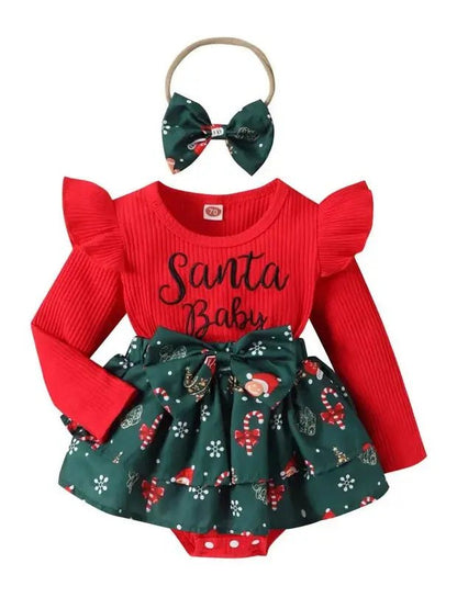 Christmas 0-2Y Baby Girls Long Sleeve Letter Santa Baby Bow