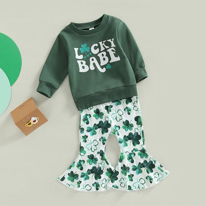 St Patrick's Day Baby Girls"Lucky Babe" sweatshirt and shamrock pants flared bottoms